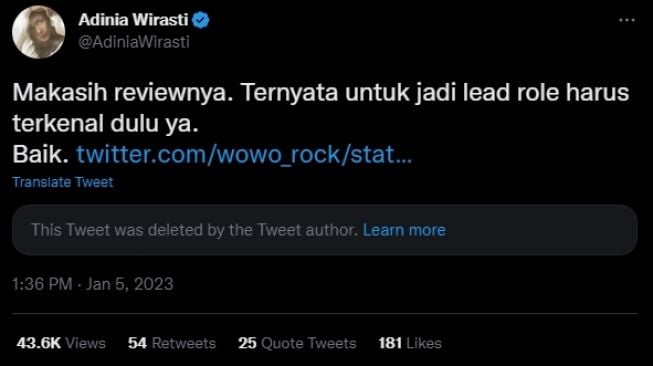 Adinia Wirasti menjawab kritikan warganet yang menganggap artis 35 tahun itu belum cocok menjadi pemertan utama di series Medua. [Twitter]