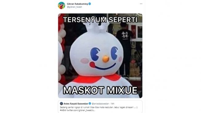 Tangkapan layar cuitan maskot mixue Gibran Rakabuming Raka untuk tanggapi Anies Baswedan. (Twitter/@gibran_tweet)