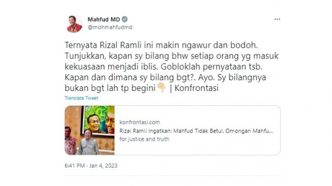 Rizal Ramli Semprot Mahfud MD Usai Dituding Bodoh dan Ngawur: Munafik Kelas Berat, Lucu!