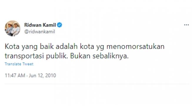 Cuitan lawas Ridwan Kamil soal transportasi publik. (Twitter/ridwankamil)