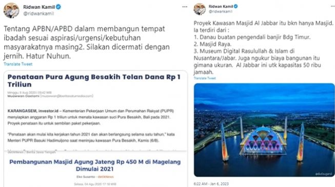 Tangkapan layar cuitan Ridwan Kamil yang membandingkan pembangunan Masjid Raya Al Jabbar Bandung dengan rumah ibadah lain serta alasan Masjid Al Jabbar sampai menelan Rp1 triliun. (Twitter/@ridwankamil)