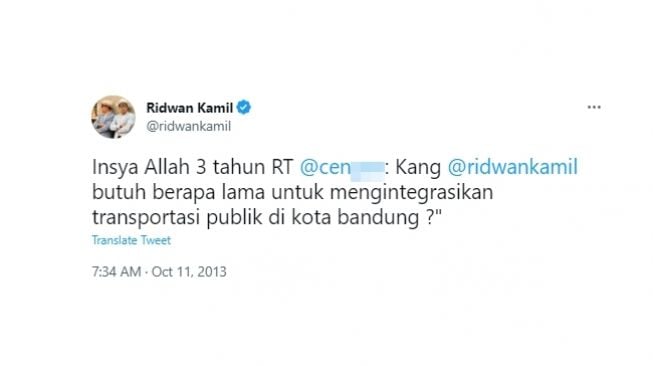 Tangkapan layar cuitan lawas Ridwan Kamil soal janji integrasi transportasi publik di Bandung. (Twitter/@ridwankamil)