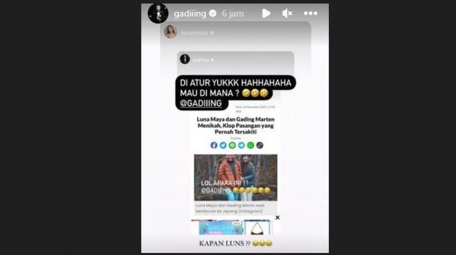 Tanggapan Luna Maya saat diajak Gading Marten Nikah (Instagram/@gadiiing)