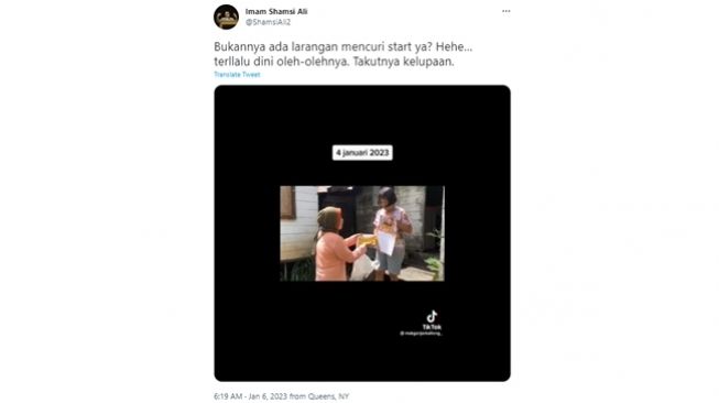 Tangkapan layar cuitan Imam Shamsi Ali soal loyalis Ganjar Pranowo yang berkampanye sambil bagi-bagi sembako di Kalimantan Tengah. (Twitter/@ShamsiAli2)