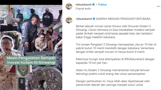 Inovatif! Ridwan Kamil Apresiasi Teknologi Lingkungan Kodam III/Siliwangi (Instagram/ridwankamil)