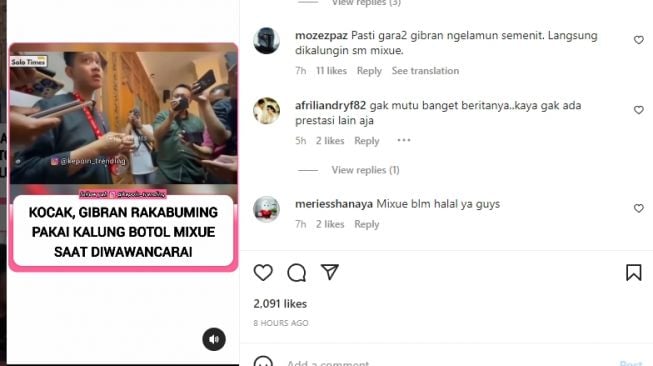 Aksi Kocak Gibran Kalungkan Botol Mixue Bikin Warganet Curiga: Belaga Polos Padahal...