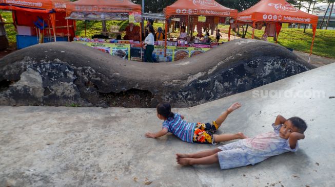 Kondisi lintasan skateboard yang berlubang di RPTRA Kalijodo, Penjaringan, Jakarta Utara, Senin (9/1/2023). [Suara.com/Alfian Winanto]