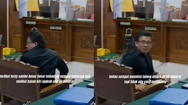 Momen Ferdy Sambo tidak dipedulikan saat kehausan dan mencari air minum di ruang sidang. (Instagram/@sisitrangofficial)