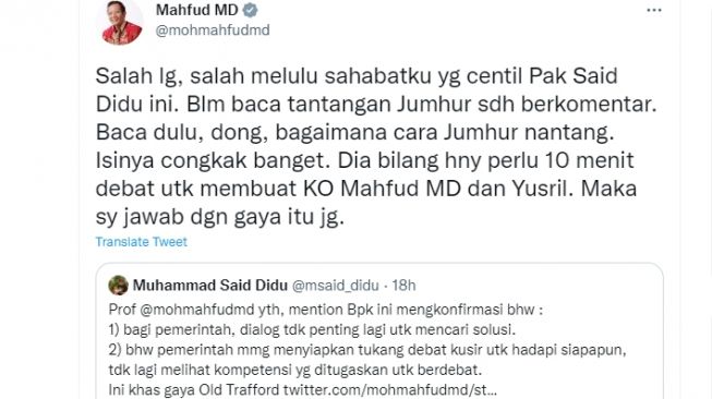 Cuitan Mahfud MD merespons tantangan debat Jumhur Hidayat (Twitter/@mohmahfudmd)