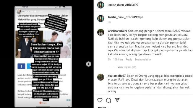 Rizky Billar ngamuk dibilang punya banyak cicilan. (Instagram/ lambe_danu_official99)