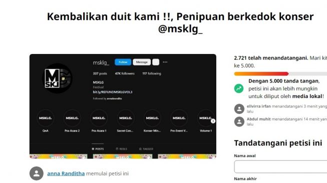 Duit Calon Penonton MSKLG Belum Juga Dikembalikan, Muncul Petisi dan Sudah Diteken 2.700 Orang