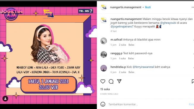 Warganet minta pihak manajemen mengeluarkan Ferry Irawan (Instagram/@ruangartis.management)