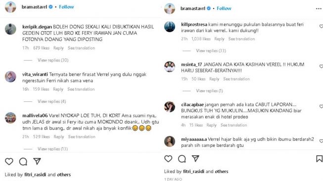 Kolom komentar unggahan Verrel Bramasta pasca Venna Melinda alami KDRT. (Instagram/ bramastavrl)