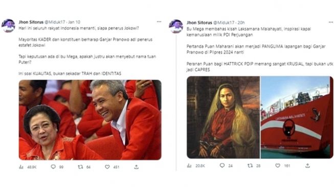 Tangkapan layar cuitan Jhon Sitorus 'mendikte' Megawati Soekarnoputri usung Ganjar Pranowo di Pemilu 2024. (Twitter/@Miduk17)