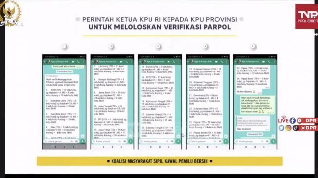 Pesan WA diduga berisi perintah Ketua KPU RI kepada KPU Provinsi untuk meloloskan verifikasi parpol. (tangkap layar)