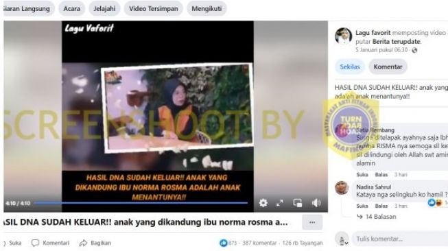 Video dengan narasi ibu Norma Risma hamil anak Rozy. (Foto tangkapan layar dari Turnbackhoax.id)