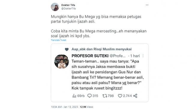 Tangkapan layar cuitan Dokter Tifa soal Megawati Soekarnoputri bisa ikut menyelesaikan isu ijazah palsu Presiden Joko Widodo. (Twitter/@DokterTifa)