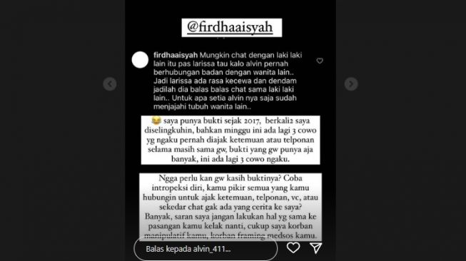 Alvin Faiz membalas komentar warganet soal tudingan Larissa Chou selingkuh. [Instagram]