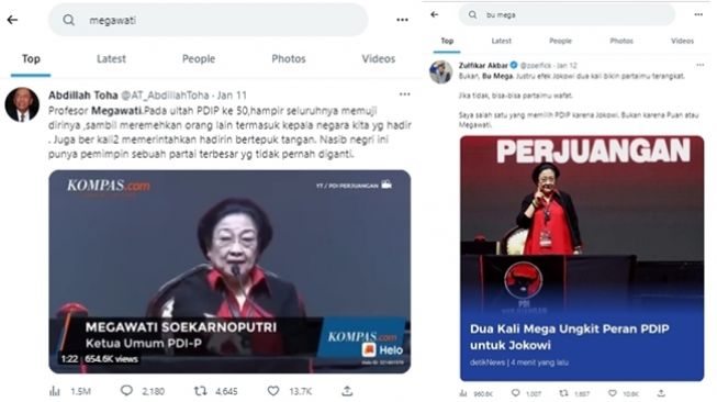 Tangkapan layar hasil pencarian dengan kata kunci 'Megawati' dan 'Bu Mega'. (Twitter)