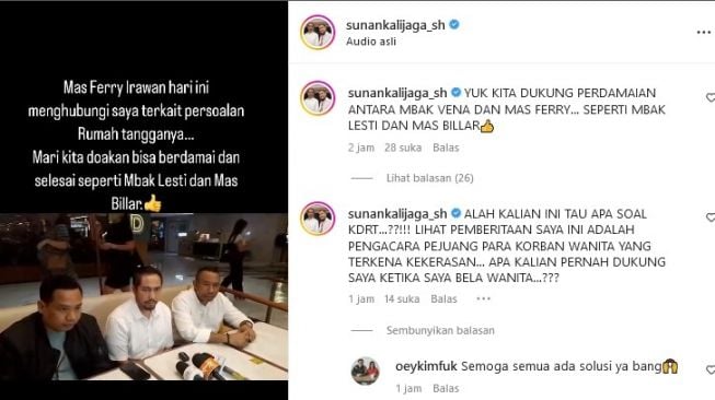 Sunan Kalijaga mengumumkan diri sebagai pengacara Ferry Irawan. [Instagram]