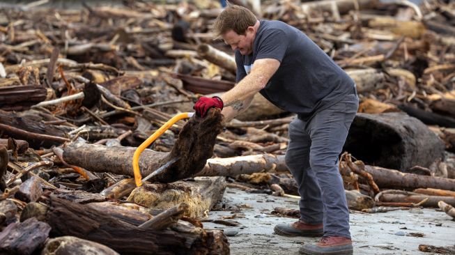 Seorang pria menggunakan gergaji untuk memotong batang pohon yang tersapu ke laut oleh badai dahsyat dan terdampar di pantai Capitola, California, Amerika Serikat Minggu (15/1/2023). [DAVID MCNEW / AFP]
