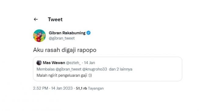 Tweet Gibran Rakabuming saat menanggapi gaji pemain Persis Solo. (screenshot)