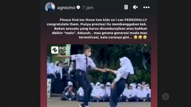 Agnez Mo mengaku ingin bertemu dan mengucapkan selamat kepada dua anak SMPN 1 Ciawi, Bogor. [Instagram]