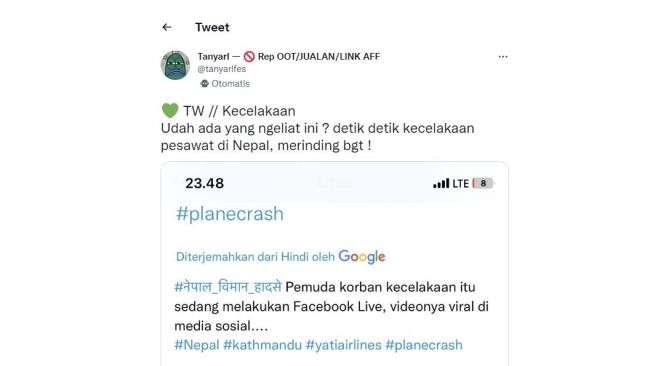 Warganet bagikan video kecelakaan pesawat melalui akun base Twitter. (screenshot)