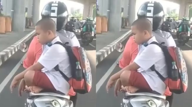 Anak SD Plontos Duduk Bersila Bak Biksu Shaolin saat Dibonceng Emaknya: Nyari Koreng Aja Tuh Bocah