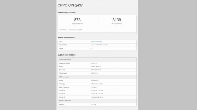 Bocoran Oppo Find N2 Flip. [Geekbench]