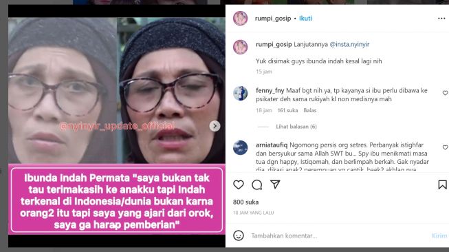 Ibu Indah Permatasari (Instagram /rumpi_gosip)