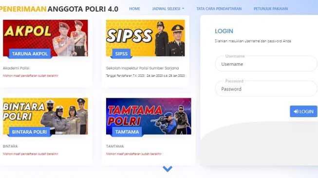 Website penerimaan Polri, pendaftaran polisi, Akpol, Bintaram Tamtama, SIPSS (penerimaan.polri.go.id)