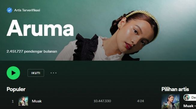 Lagu "Muak" dari Aruma meraih 10,4 juta stream di Spotify.