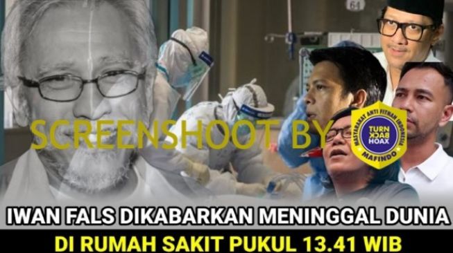 Tumbnail sebuah video yang mengbarkan seolah Iwan Fals meninggal dunia. Di situ juga terlihat wajah Ariel NOAH, Ari Lasso, Andre Taulani hingga Raffi Ahmad berduka.  