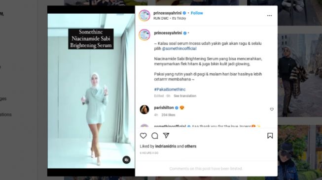 Syahrini dan Paris Hilton saling berbalas komentar di IG (Instagram/@princessyahrini)