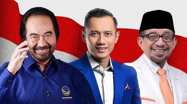 Ketum Nasdem Surya Paloh, Ketum Demokrat Agus Harimurti Yudhoyono (AHY) dan Presiden PKS Ahmad Syaikhu memberi dukungan kepada Anies Baswedan maju nyapres 2024. (foto dok Anies)
