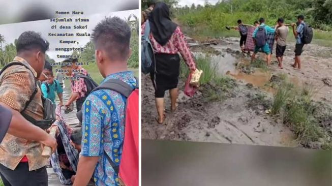 Miris! Siswa Sakit Ditandu Sarung Lewati Kubangan Lumpur, Lokasi Disebut di Pelalawan