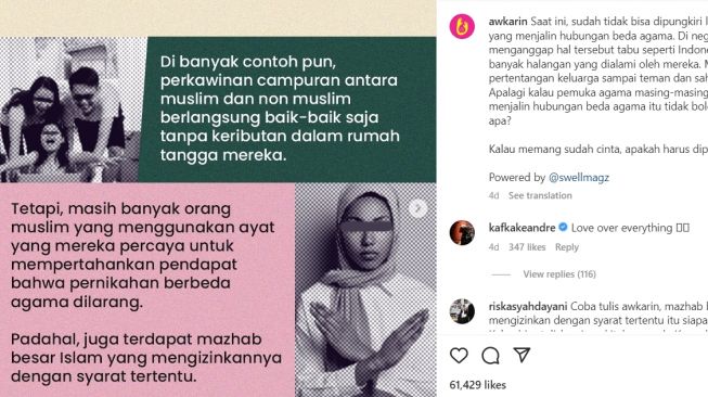 Postingan Awkarin mengenai pernikahan beda agama. (Instagram/ @awkarin)