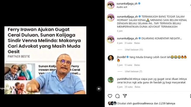 Sunan Kalijaga bangga karena lebih dahulu mengajukan gugatan cerai mewakili Ferry Irawan terhadap Venna Melinda. [Instagram]