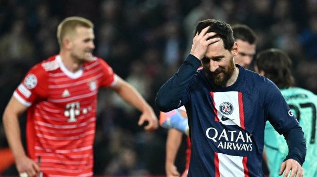 Paris Saint-Germain's forward Lionel Messi reacts after missing a goal opportunity during the first leg of the Champions League match between PSG vs Bayern Munich at the Parc des Princes in Paris, on February 14, 2023.Anne-Christine POUJOULAT / AFP