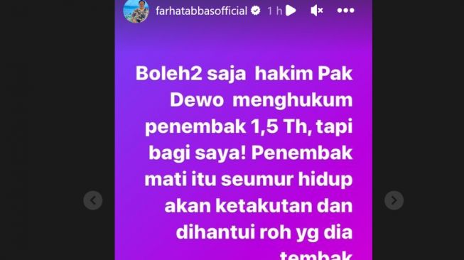 Tangkapan layar Instastory Farhat Abbas mengomentari vonis kepada Bharada E.