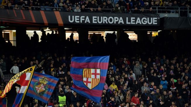 Suasana Stadion Sportify Camp Nou pada laga Liga Europa Barcelona vs Manchester United, Jumat (17/2/2023) dini hari WIB. [Pau BARRENA / AFP]
