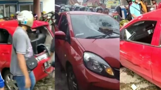 Isi BBM Tidak Bayar Lalu Kabur, Mobil Honda Brio Merah di Makassar Hancur Diamuk Warga