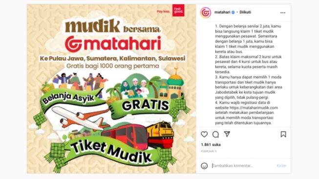 Cara Dapat Tiket Mudik Gratis 2023 Matahari, Yuk Serbu Ribuan Tiket sampai 28 Februari 2023