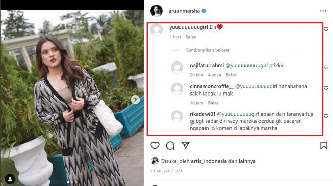 Pendukung El Rumi dan Fuji ramaikan kolom komentar Marsha Aruan (Instagram/@aruanmarsha)