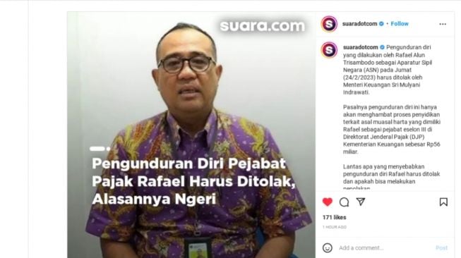 Rafael Alun Trisambodo mengundurkan diri (tangkapan layar instagram/ @suaradotcom)