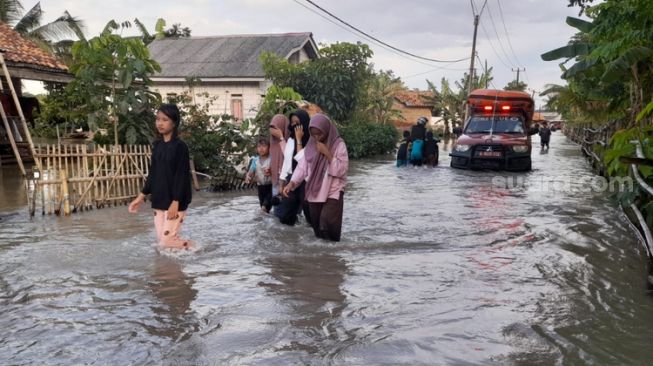 Kondisi banjir yang menggenangi Desa Pantai Harapan Jaya, Muara Gembong, Kabupaten Bekasi. Banjir di Desa Pantai Harapan Jaya sudah berlangsung satu pekan, Minggu (4/3/2023). (Suara.com / Danan Arya)