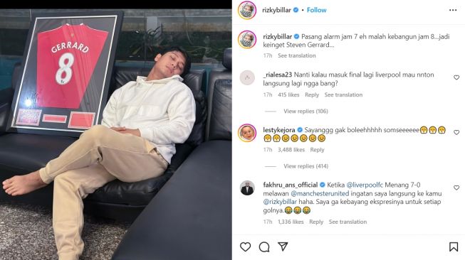 Pose Rizky Billar rayakan kemenangan klub bola kesayangannya ditegur Lesti Kejora. (Instagram)