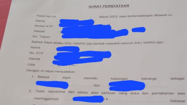 Penampakan isi surat santunan bersyarat Pertamina yang melarang keluarga korban tewas kebakaran Depo Plumpang menuntut atau menggugat. (Suara.com/Faqih)