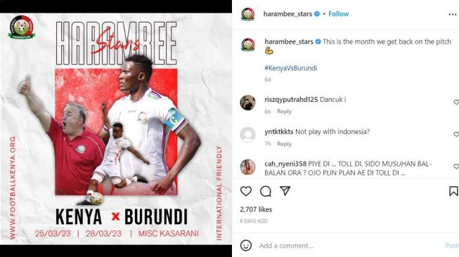 Kenya, melalui akun Instagram resminya, @harambee_stars pada 4 Maret lalu, mengumumkan bahwa mereka akan menghadapi Burundi dua kali pada FIFA Matchday Maret 2023. [Instagram/@@harambee_stars]